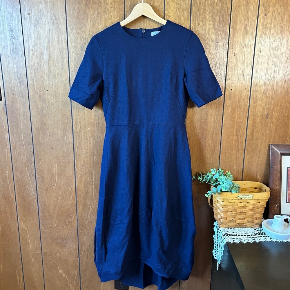 COS Navy Blue Wool Cashmere Blend Midi Dress Size 6 Balloon Hem‎